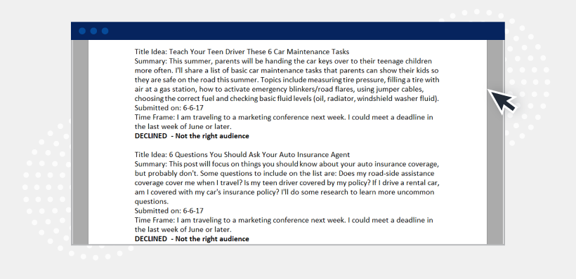 Noting declined article pitches