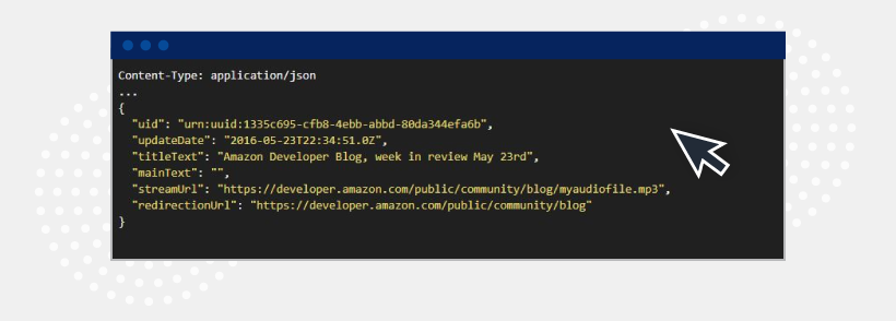 .JSON code example for pointing to your Alexa Flash Briefing Skill