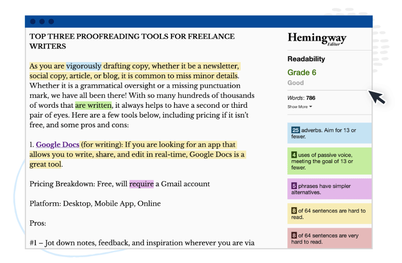 Hemingway app proofreading results