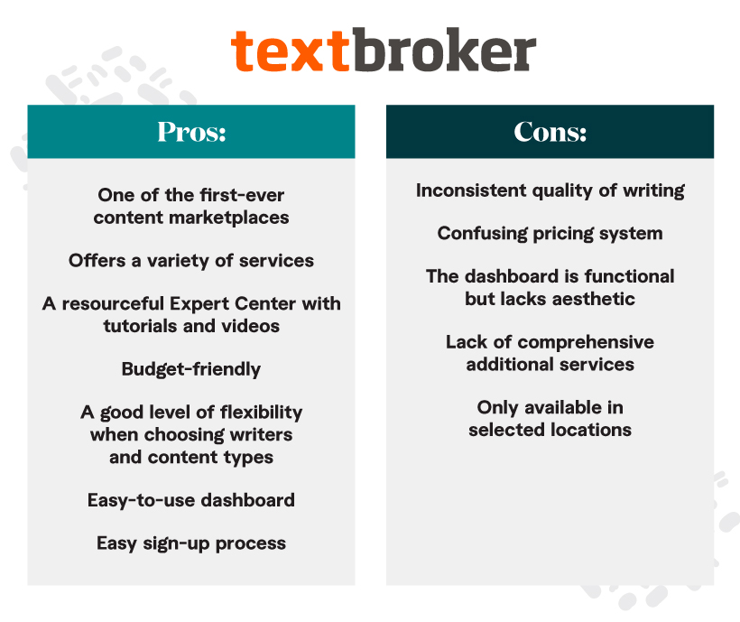 Pros and Cons of TextBroker, one of the first-ever content services that creates various types of written content and can translate them into multiple languages.