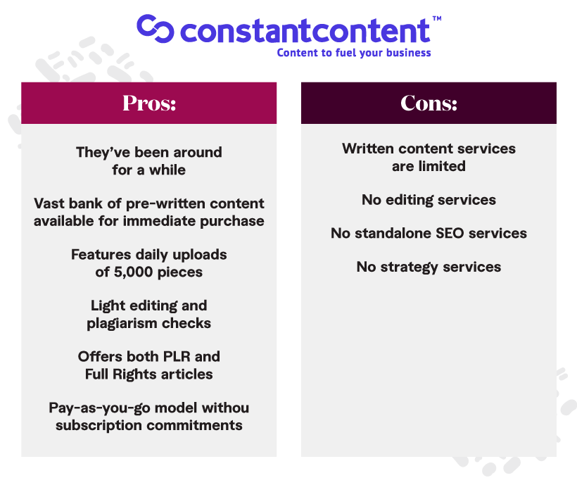 Pros and Cons of Constant Content, a content service that features pre-written content from thousands of writers.