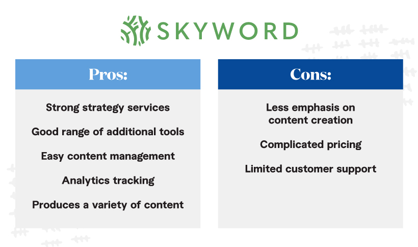 Pros and cons of Skyword, content marketing company that provides a range of services for brands of all sizes.
