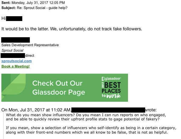 Sprout Social does not track fake followers.