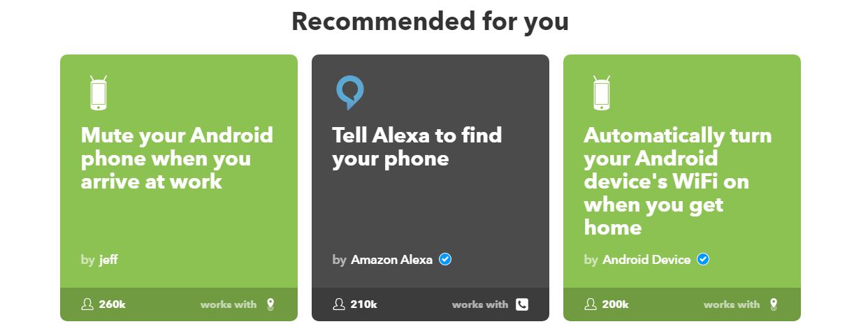 IFTTT recommendation section