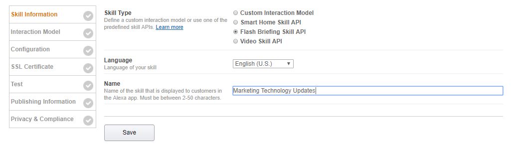 Select an Amazon Flash Briefing Skill API option