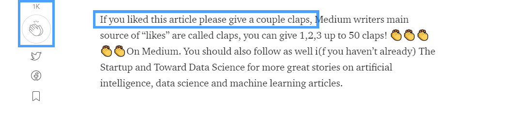 Example of a "clap" social share solicitation on Medium.com