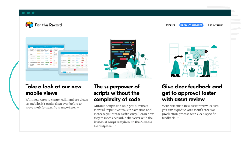 Airtable’s Product Updates blog category shows specific product details and features.