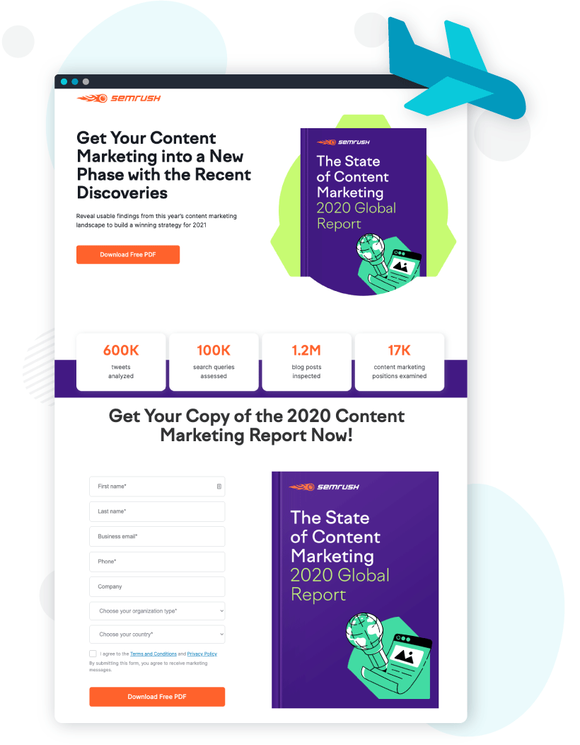 Landing page on the website with CTAs and a form (SEMRush)