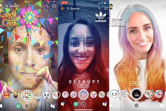 Snapchat shows three examples of "Shoppable AR" lenses designed to inspire commerce across the platform.