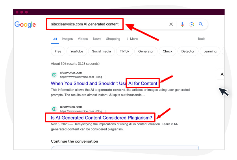 In the search query above, Google will show the pages/posts on Clearvoice.com that mention "AI-generated content.”
