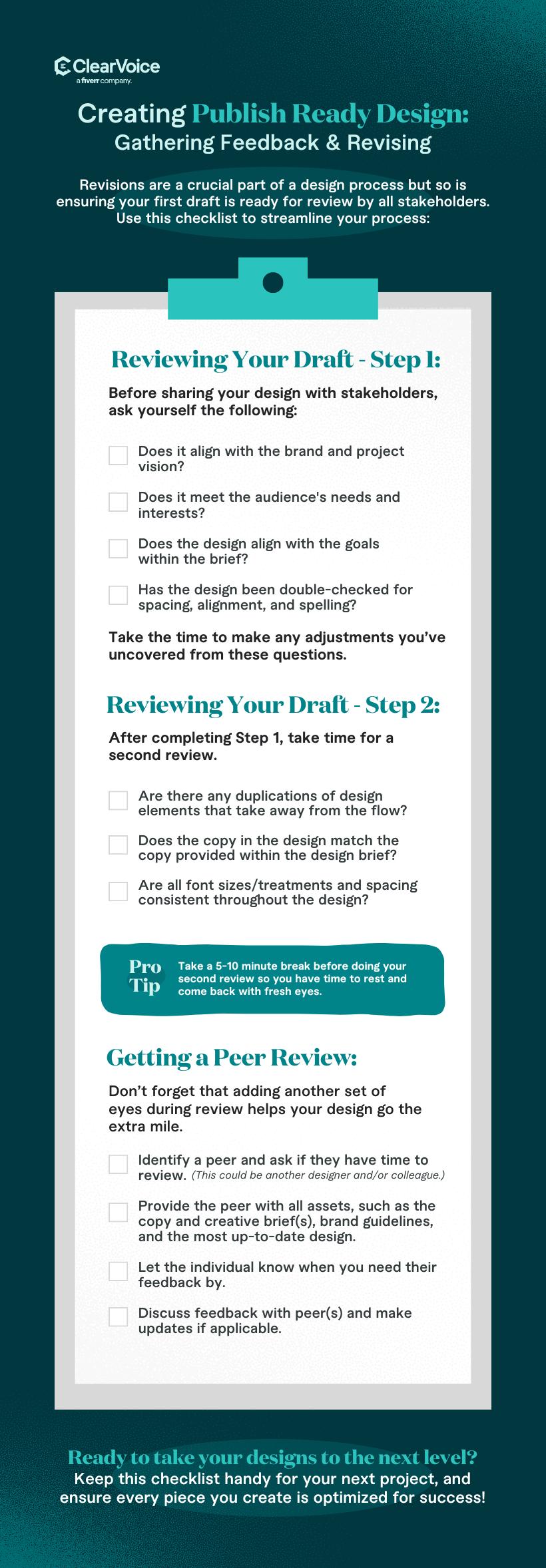 Gather feedback and revise. Steps to creating design-ready content. 